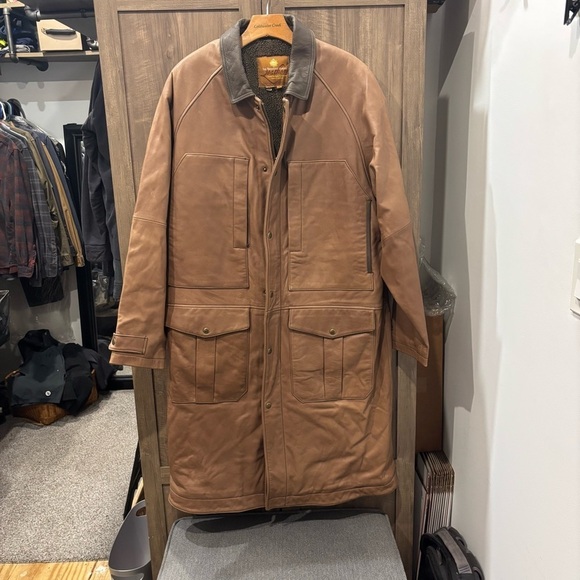 THE TERRITORY AHEAD Men's Large Brown Long Leather Coat Sherpa lined - Picture 1 of 15